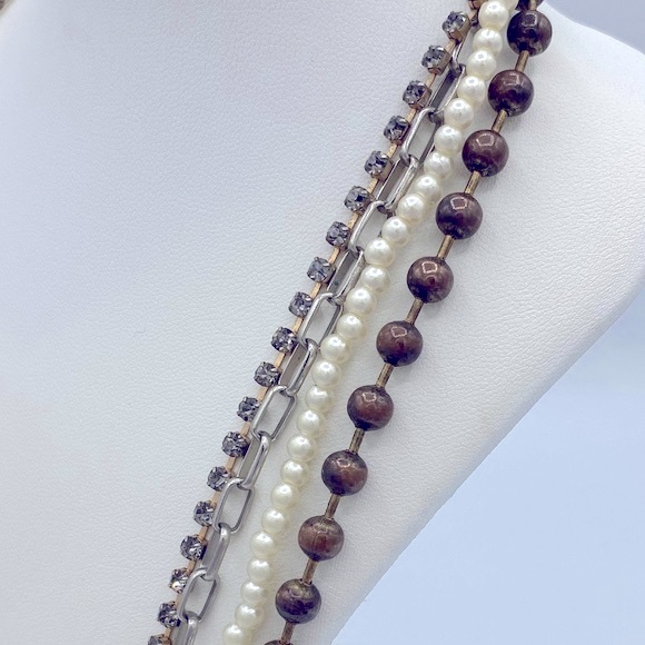 Chicos Multi Strand,Textured Long Pearl Bead Rhinestone Chain Bohemian Necklace - Picture 7 of 9